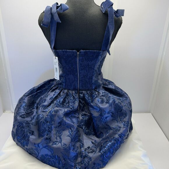 Alice Olivia Mini Midnight Blue Fit & Flare Metallic Look Velvet Bow Straps SZ 0 - Picture 3 of 9